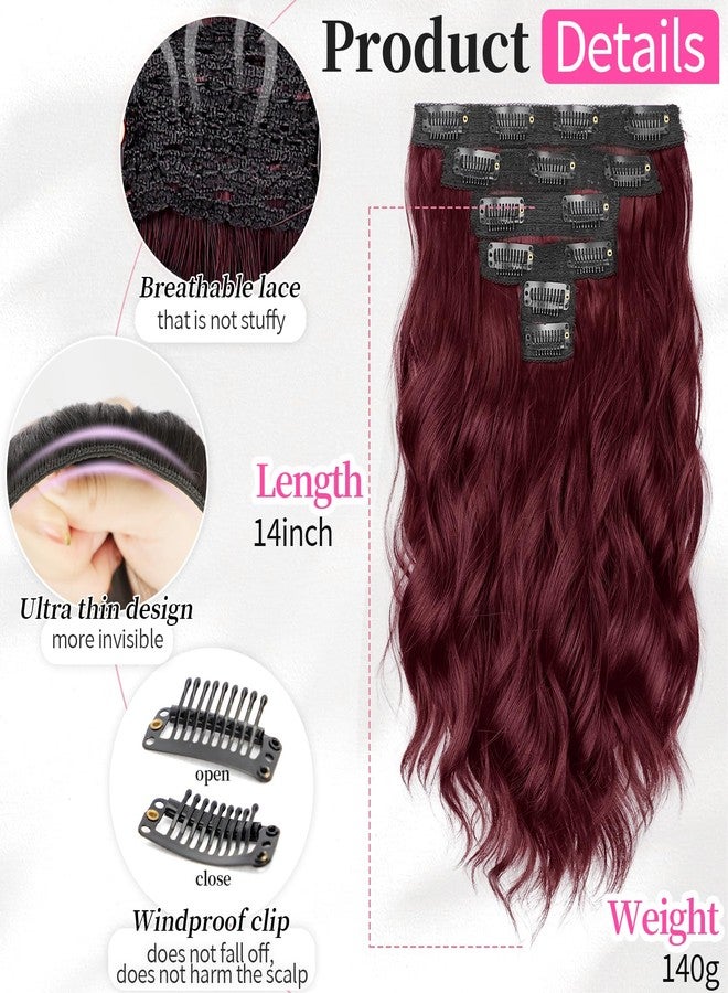 KooKaStyle Short Hair Extensions 6PCS 14 Inch Wavy Curly Hairpieces Synthetic Soft Lace Weft Clip in Hair Extensions-Burgundy for Women - Image 2